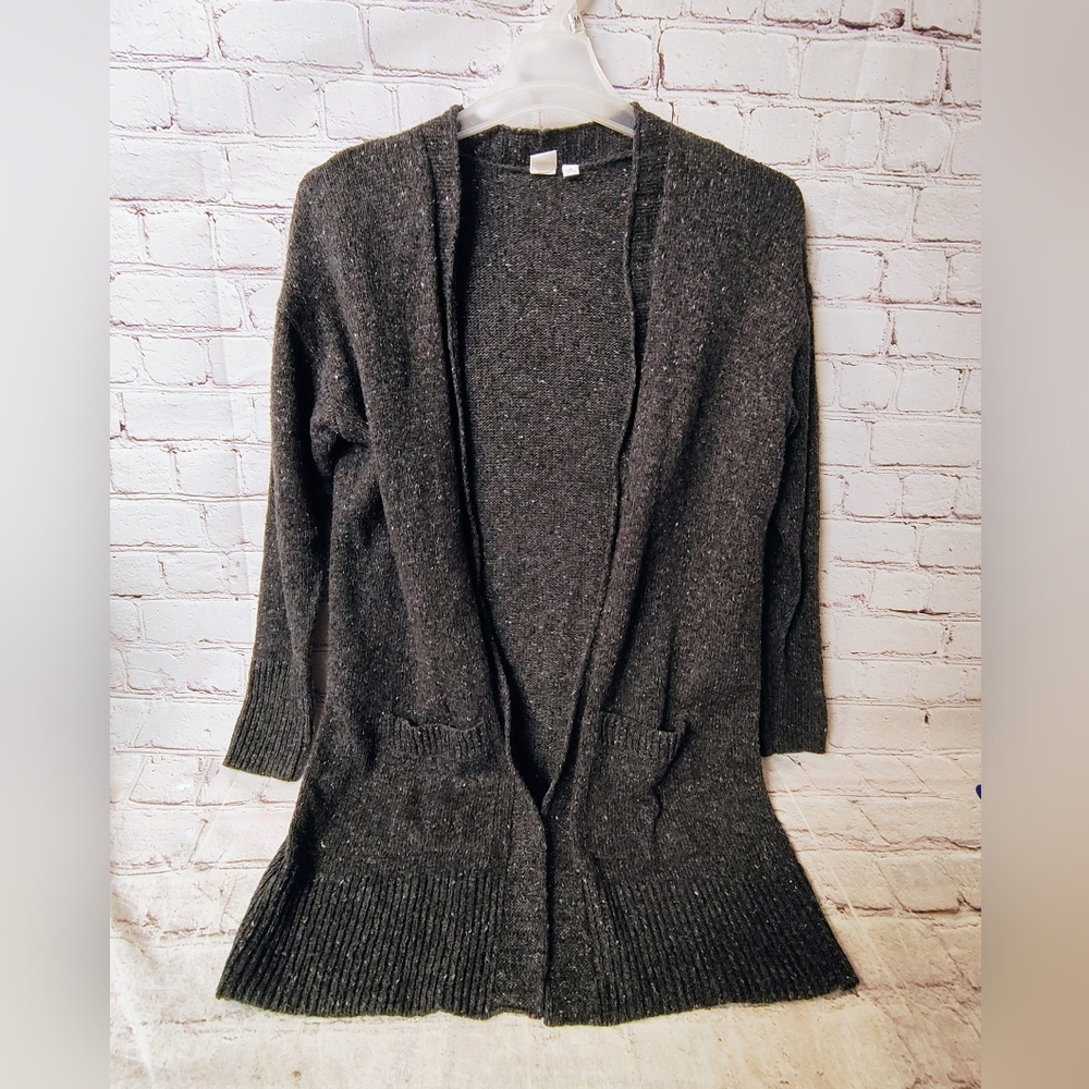 Gap Grey Speckled Marled Cardigan Long Open Knit Medium Cabincore Lagenlook